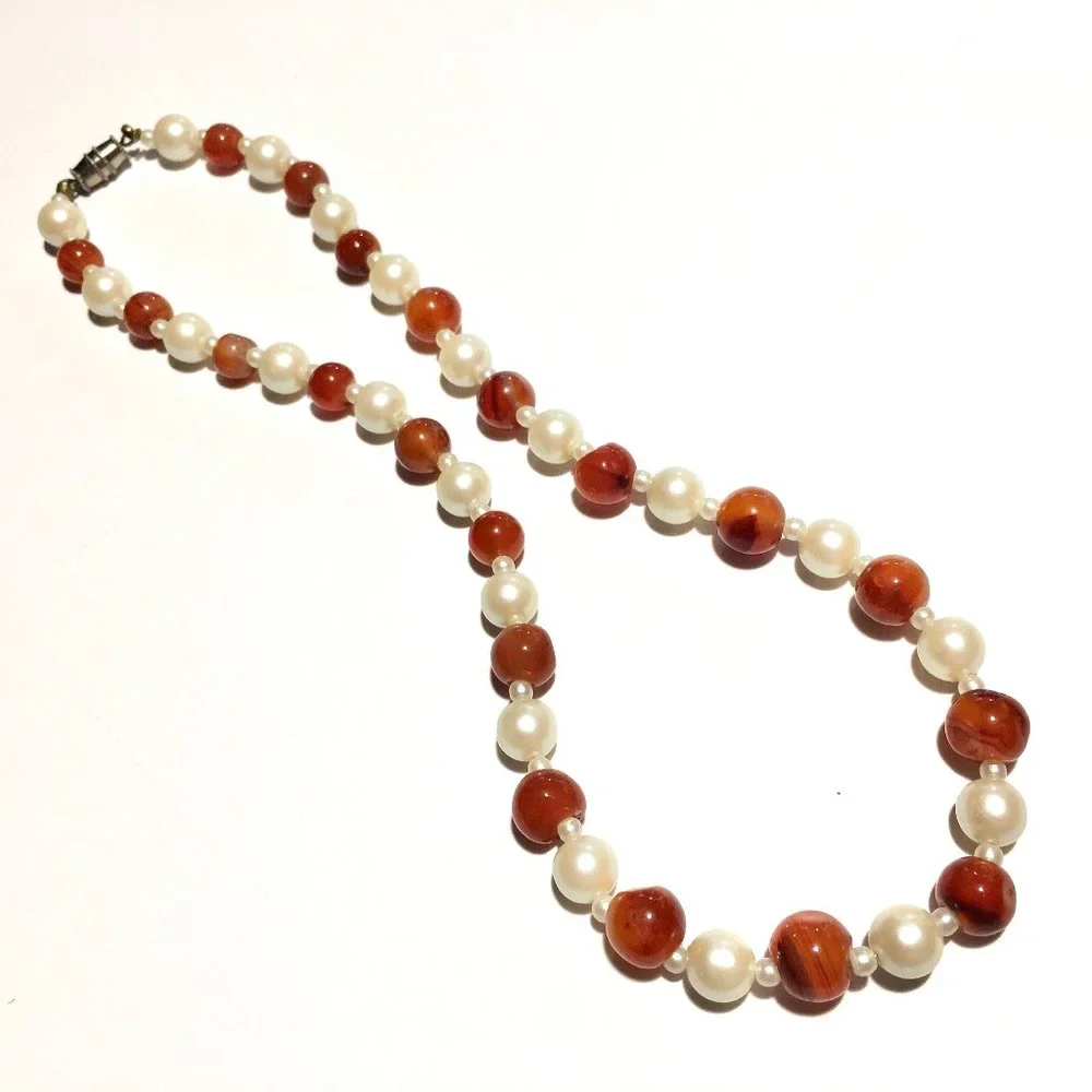 Classic Vintage Red Bead + Faux Pearl Necklace